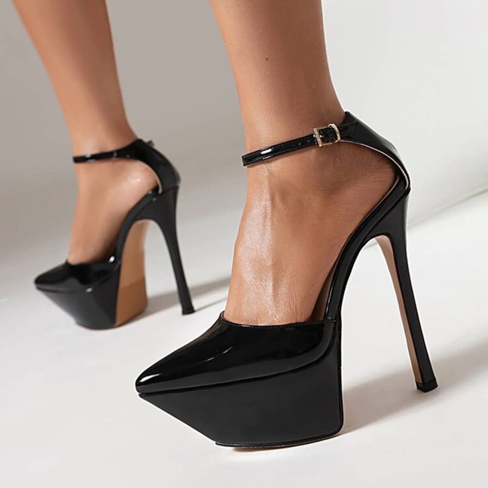 BETTER-WORLD STATEMENT POINTED TOE PLATFORM STILETTO HEEL IN BLACK PATENT
